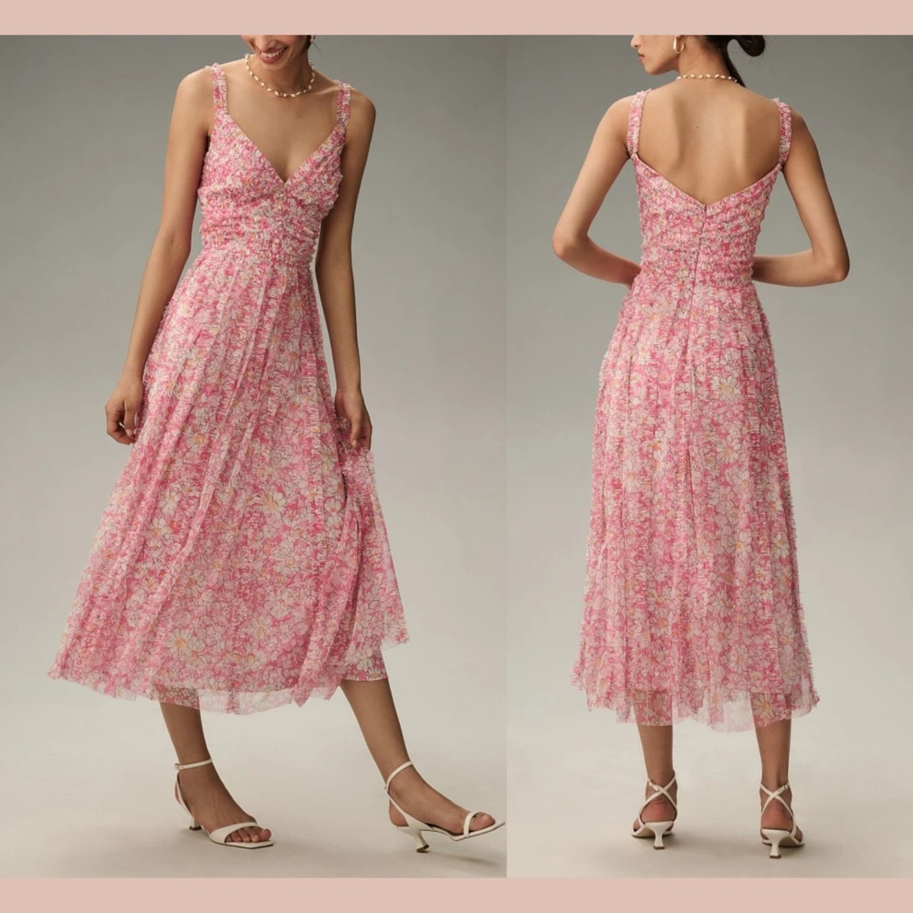 NWT Mac Duggal [ 12 ] 8012 Floral V-Neck Floral A line Midi Dress In Pink #S1938 - Picture 3 of 16